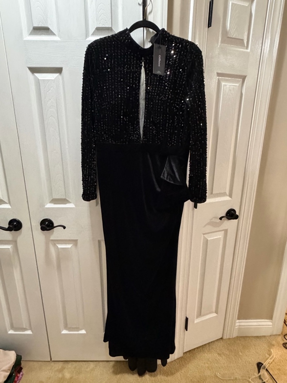 Black Sequin & Velvet Long Sleeve Evening Dress